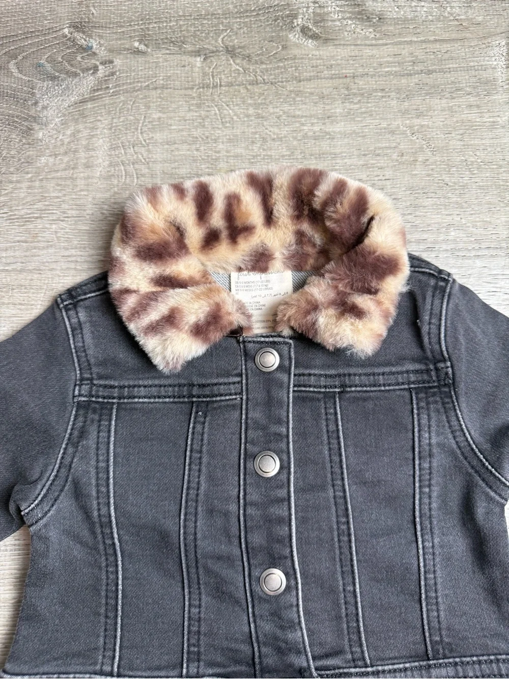 Baby Girls' Black Denim Jacket with Faux Fur Leopard Collar